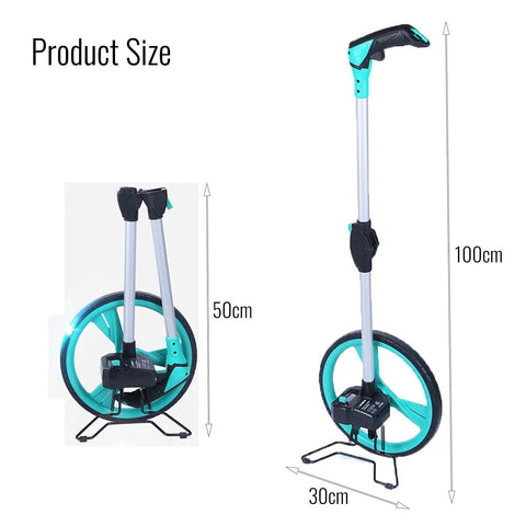 Heavy Duty Large Road Construction Measuring Wheel With Mechanical Counter And Telescopic Handle shown with size details 100cm height 30cm wheel diameter.