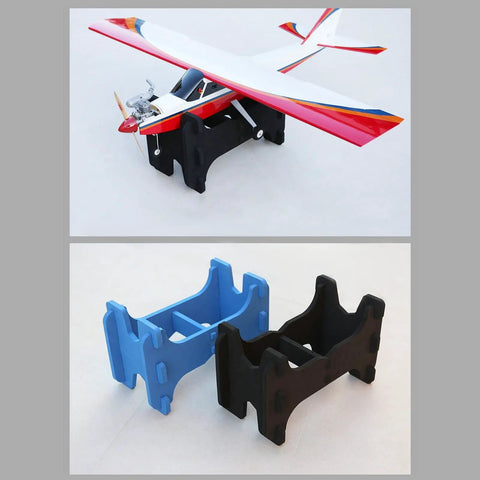 RC plane on black Double Slot RC Aircraft Foam Stand For Gas Powered And Electric Planes, with blue and black brackets displayed.