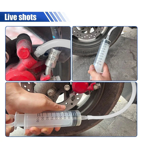 Universal Brake Bleeder Kit With 100Ml Syringe And 50Cm Hose For Hydraulic Disc Clutch Fluid Drain On Motorbikes Scooters And Quads Zero Drama Quick Maintenance Street Smart Tool with syringe extracting fluid from brake.