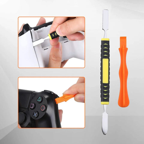 Complete Console And Controller Repair Kit for Xbox and PS with crowbars and screwdrivers shown removing screws