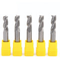 Carbide end mills set of five; front view with yellow holders, D8x60, 3-flute aluminum roughing cutters.