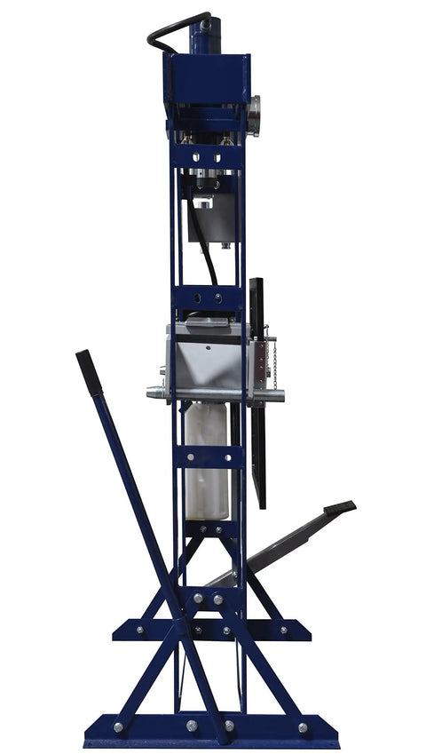 Badass 30 Ton Manual Shop Press With Quick Pump And Foot Pedal For Metal Bending Stamping Straightening side view of blue shop press