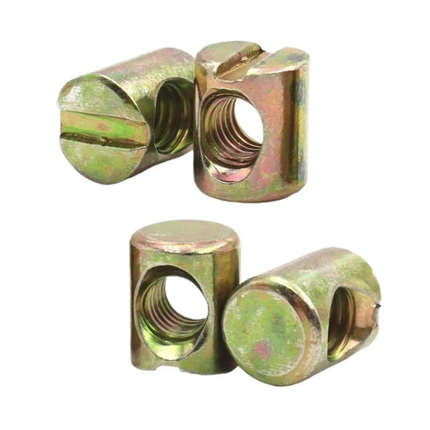 Close-up of Heavy Duty Barrel Nuts And Cross Dowels For Furniture M6 M8 Slotted Steel Or Stainless With Zinc Plating
