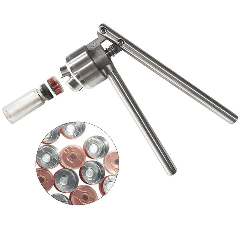 Easy Grip 20mm Manual Crimper Hand Sealing Machine For Aluminum Caps, stainless steel with 10ml vials and caps shown.