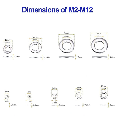 Dimensions of M2 to M12 washers from Premium Grade 304 Stainless Steel Spring And Flat Washer Assortment Kit With 580 Pieces.