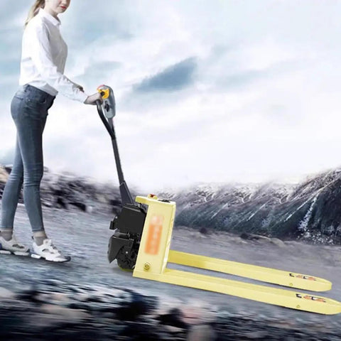 Kick Ass Industrial Electric Pallet Jack That Handles 4400 Lbs Like A Total Champ With Ultra Fast Charging Lithium Power For Flawless Warehouse Hauling in use on a warehouse floor.