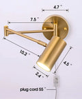 Brass Swing Arm Wall Sconce Set Of Two With Plug In Design 4500K Neutral White LED Adjustable Swivel Arm Lighting dimensions shown