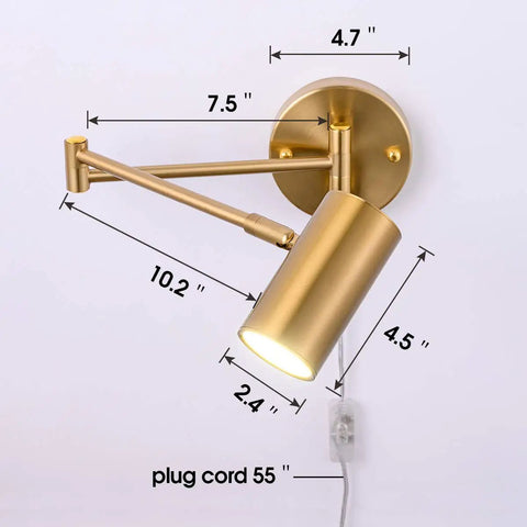 Brass Swing Arm Wall Sconce Set Of Two With Plug In Design 4500K Neutral White LED Adjustable Swivel Arm Lighting dimensions shown