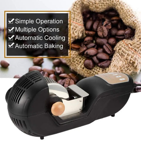 Straight To Fresh Results Using This Fully Automated Electric Coffee Bean Roaster With A Heavy Duty 1600W Motor And Durable Steel Drum To Whip Up Your Daily Grinds Around The House Without Hassle - black electric coffee roaster with metal drum and coffee beans.