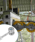 Beefy Heavy Duty Sliding Door Roller Trolley Assembly With Two Bearings And Dual Wheels, Double Wheel Pulley Cable System For Smooth Glide And Durable Performance, Includes Wooden Construction Finish For Classic Warm Aesthetic, close-up of dual-wheel track hardware