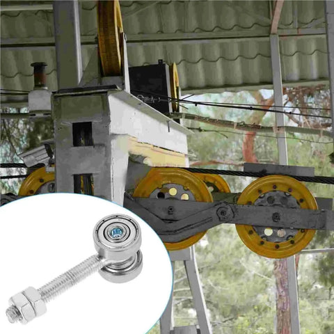 Beefy Heavy Duty Sliding Door Roller Trolley Assembly With Two Bearings And Dual Wheels, Double Wheel Pulley Cable System For Smooth Glide And Durable Performance, Includes Wooden Construction Finish For Classic Warm Aesthetic, close-up of dual-wheel track hardware