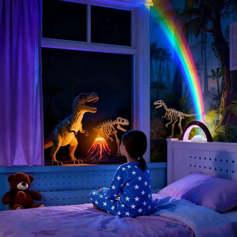 Child in star pajamas watches rainbow from Rainbow LED Lights USB Powered Projector Night Light For Bedroom Kids Room