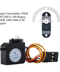 Mini Micro Servo Motor 2.1g 180 Degree Rotation DM S0020 with POM Plastic Gears and PWM settings, shown with protractor scale