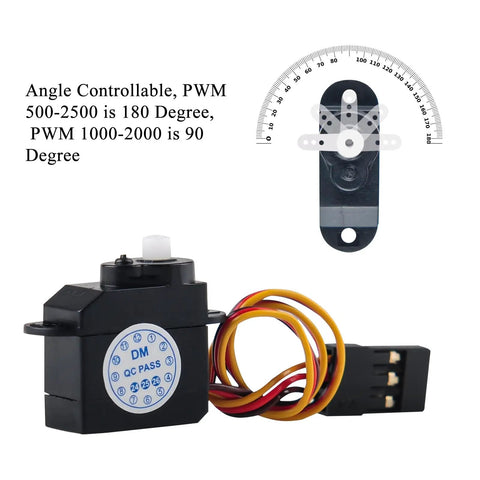 Mini Micro Servo Motor 2.1g 180 Degree Rotation DM S0020 with POM Plastic Gears and PWM settings, shown with protractor scale
