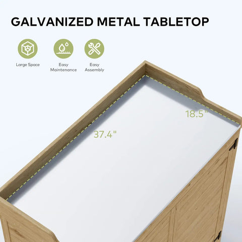 Outdoor Potting Bench With Metal Tabletop And Double Doors Garden Work Bench For Backyard Patio And Lawn top view