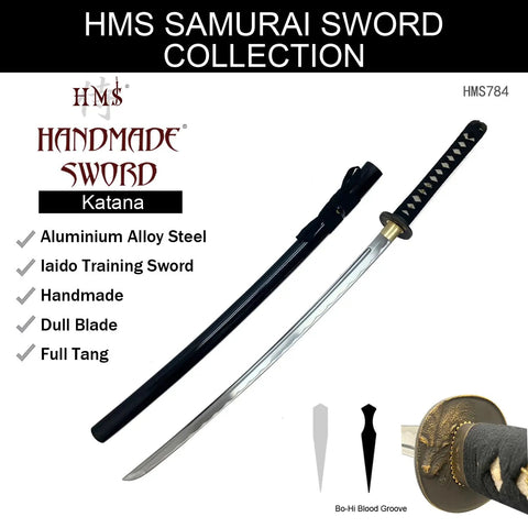 Katana Iaito Training Sword With Unsharpened Aluminum Alloy Blade, 28.3-Inch Fullered Bo-Hi For Safe Iaido Practice, shown with saya.
