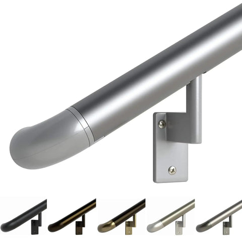 Close-up of 2Ft ADA Handrail Kit For Indoor And Outdoor Stairs, 1.6 Inch Round Satin Anodized Aluminum Railing With Pivoting Brackets