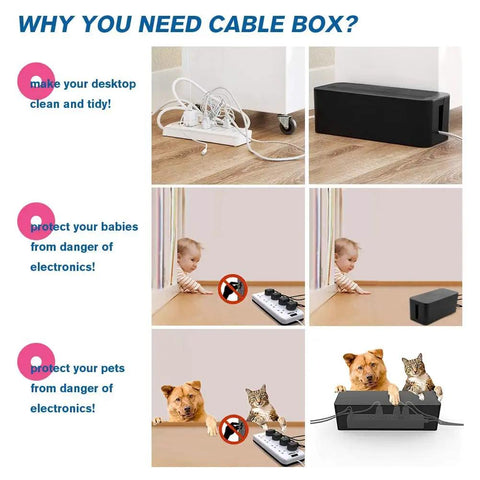 Two Pack Cable Management Box Organizer Set With Two Sizes Medium And Small To Hide Surge Protectors and Power Strips for child and pet safety.
