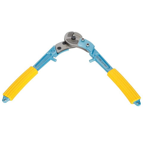 Long Arm Cable Cutter For Electricians, 100mm² Capacity, high carbon steel blade, aluminum alloy handles in open position.