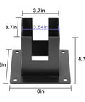Black steel Built Tough 4x4 Post Base Brackets for Wood Fence Posts with measurements, suitable for decks and porches.