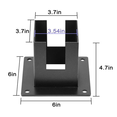 Black steel Built Tough 4x4 Post Base Brackets for Wood Fence Posts with measurements, suitable for decks and porches.