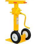 Heavy Duty Rugged Trailer Jack Stand With Slick Rolling Wheels, 41 To 55 Inch Adjustable Height Steel Base, Fold Away Hand Crank, Rock Solid For Shop Tasks, yellow design with wheels and crank.