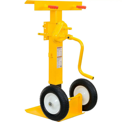 Heavy Duty Rugged Trailer Jack Stand With Slick Rolling Wheels, 41 To 55 Inch Adjustable Height Steel Base, Fold Away Hand Crank, Rock Solid For Shop Tasks, yellow design with wheels and crank.