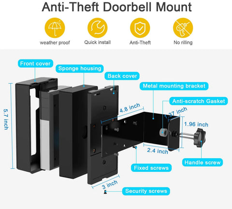 Exploded view of No-Drill Anti-Theft Doorbell Mount for Video Doorbells showing parts like sponge housing, bracket, and screws with dimensions.