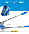 Heavy Duty 1/2 Inch Tubing Bender With 180 Degree Angle dimensions, featuring 21 inch length and blue manual handle design.