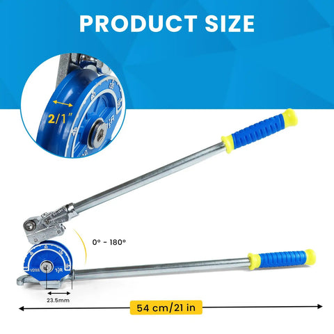 Heavy Duty 1/2 Inch Tubing Bender With 180 Degree Angle dimensions, featuring 21 inch length and blue manual handle design.