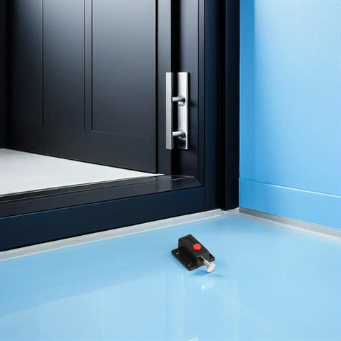 8 Pcs Spring Loaded Cabinet Push Latches with surface mounted design and ABS zinc alloy material near a door.