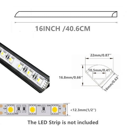 Six Pack 16 Inch V Shape LED Strip Black Channel for Corner Mount dimensions and installation diagram