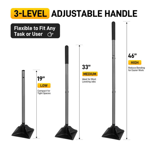 Heavy Duty Rustproof Steel Tamper With 48 Inch Handle For Ground Leveling And Paver Installations 8X8 Inch Steel Head Rubber Grip Handle Perfect For Gravel Soil Asphalt Sand And Blacktop Repair, shown with 3 adjustable handle heights: 19, 33, 46 inches.