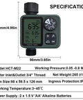 Programmable Outdoor Garden Hose Water Timer With Rain Delay And Manual Override, No Fuss Easy Dial Setup, shown with specs