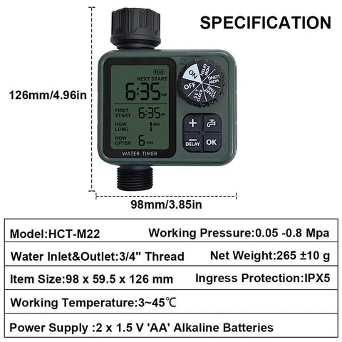Programmable Outdoor Garden Hose Water Timer With Rain Delay And Manual Override, No Fuss Easy Dial Setup, shown with specs