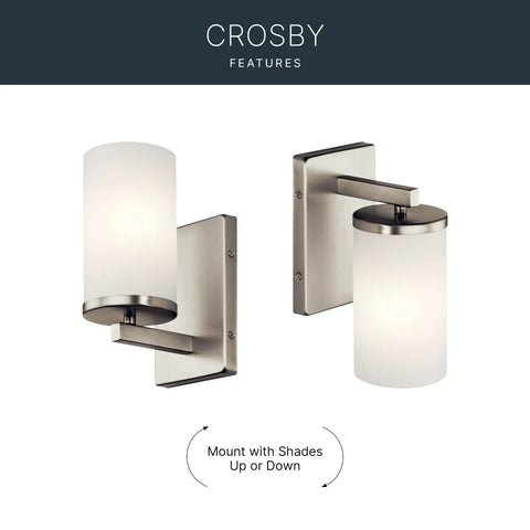 Crosby 9.25 Inch Wall Sconce In Brushed Nickel, 1 Light with Satin Etched Cased Opal Glass, mounted up and down view