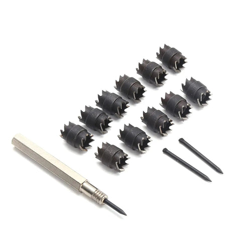 13-Piece Spot Weld Cutter Set For Power Drill, 3/8 Inch Cut, Double-Sided Weld Removal Kit displayed with hex sheet metal tools