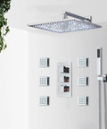 Fresh LED Shower System With Thermostatic Valve, Wall Mounted Chrome Rain Shower Combo, showcasing rainfall showerhead and controls.