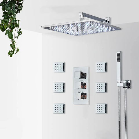 Fresh LED Shower System With Thermostatic Valve, Wall Mounted Chrome Rain Shower Combo, showcasing rainfall showerhead and controls.