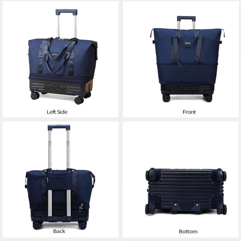 Bellpo blue rolling duffle bag with wheels and telescoping handle, left side view.
Bellpo blue rolling duffle bag with wheels and telescoping handle, front view.
Bellpo blue rolling duffle bag with wheels and telescoping handle, back view.
Bellpo blue rolling duffle bag with wheels, bottom view.