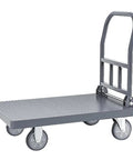 Heavy Duty Flatbed Platform Cart Folds Compact Yet Built Tough, gray steel deck with smooth rolling wheels for easy transport.