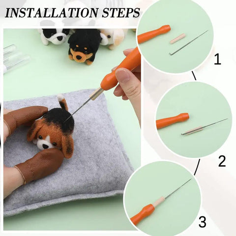 Step-by-step needle insertion into dog figure with Needle Felting Kit For DIY Craft Lovers Dope 12 Piece Starter Set With Wool Instructions.