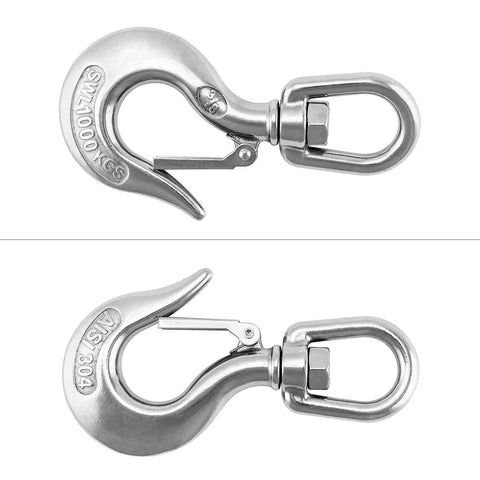 Built Tough Stainless Steel 304 Rotatable Clevis Chain Hook With 360 Degree Swivel, 2000lb Load Capacity, Hoist Slip Hook For Pallet Rack Safety And Lifting Chains, shown front and side