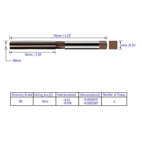 Diagram of 8mm Metric Hand Reamer Made From 9CrSi Alloy Tool Steel H8 Precision For Machinists, with dimensions and specifications.
