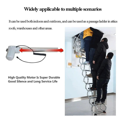Heavy Duty Electric Pull Down Attic Ladder Telescoping Folding Loft Stairs featuring users accessing the ladder indoors with a motor.