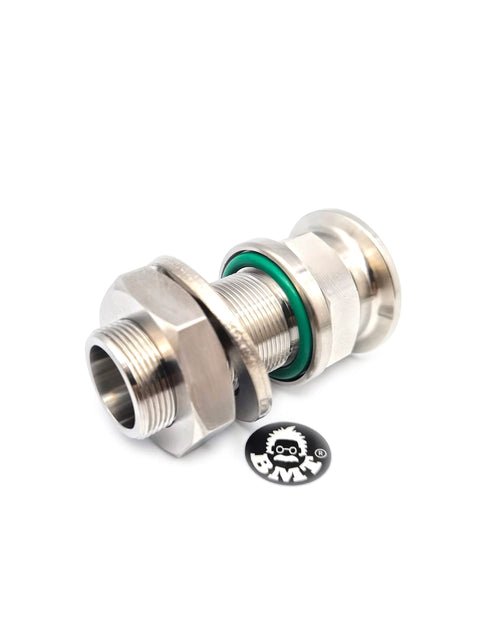BFM 1-inch baseplate feedthrough bulkhead KF25 adapter, stainless steel with green O-ring, angled view