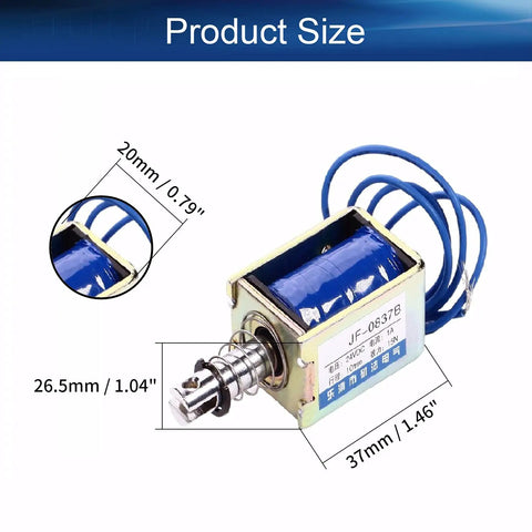 Beefy 24V 15N Pull Type Solenoid Electromagnet Built For Precise Linear Motion Open Frame With 10mm Stroke Spring Return And Low Friction 37 By 20 By 26.5mm 1A 9.6W DC Coil, size view