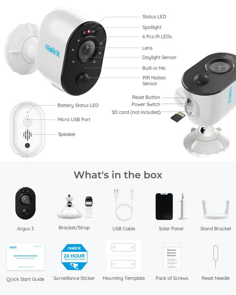 Outdoor Security Camera With Solar Panel No Hub Needed 2K Resolution Battery Powered Wireless Color Night Vision With Spotlight Two Way Talk Live View Built In Siren Argus 3 Solar Kit components and features diagram