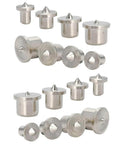 Wood Dowel Center Pin Alignment Tool Set Of 4 For Precise Woodworking 16 Pcs In 6Mm 8Mm 10Mm And 12Mm Sizes With Chrome Finish Steel Durable Rust Resistant For Accurate Dowel Alignment And Fast Assembly, showing various pin sizes, chrome finish. Close-up view.