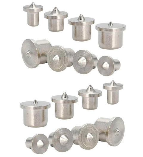 Wood Dowel Center Pin Alignment Tool Set Of 4 For Precise Woodworking 16 Pcs In 6Mm 8Mm 10Mm And 12Mm Sizes With Chrome Finish Steel Durable Rust Resistant For Accurate Dowel Alignment And Fast Assembly, showing various pin sizes, chrome finish. Close-up view.